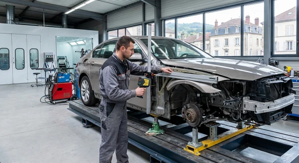 Technicien en atelier de carrosserie utilisant une règle ou barre de contrôle (marbre) pour vérifier la planéité d'une carrosserie redressée d'un véhicule, après travaux de retapage. Le technicien vérifie minutieusement la surface avec l'équipement de contrôle de qualité, mettant en avant le savoir-faire de précision en carrosserie. Environnement d'atelier intérieur professionnel avec véhicule partiellement visible.