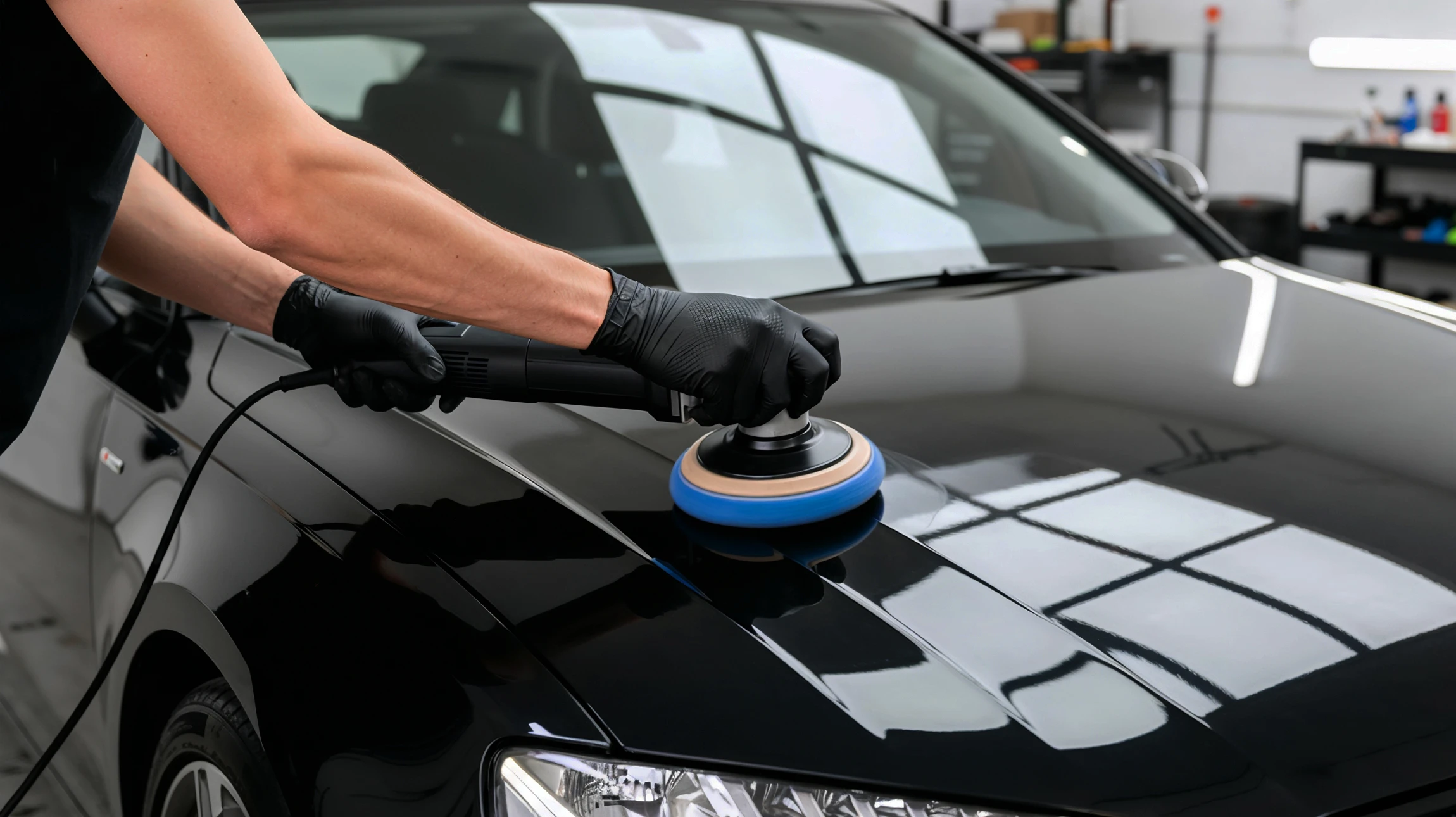 Atelier de carrosserie automobile montrant une réparation de carénage avant